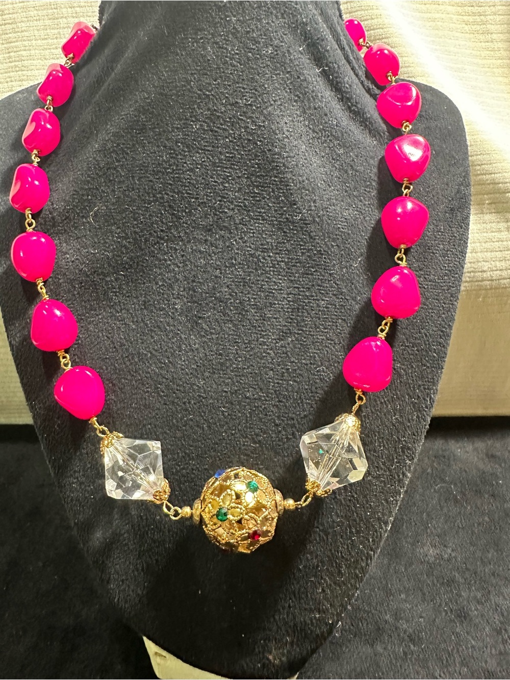 Vtg Barbie Pink Glass (Glower) Faceted Crystal & Multicolored Gemstone Necklace
